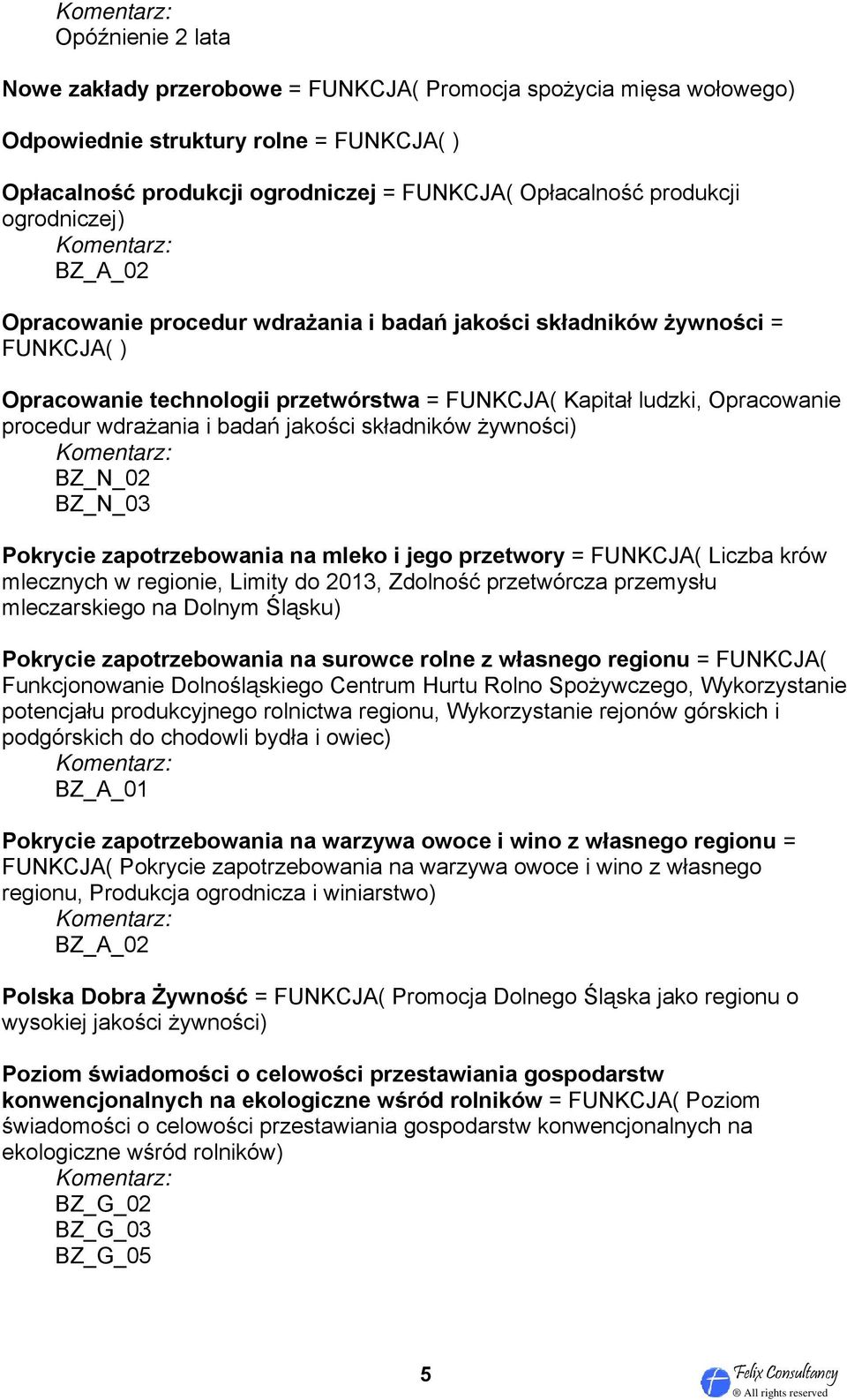 badań jakości składników żywności) BZ_N_02 BZ_N_03 Pokrycie zapotrzebowania na mleko i jego przetwory = FUNKCJA( Liczba krów mlecznych w regionie, Limity do 2013, Zdolność przetwórcza przemysłu