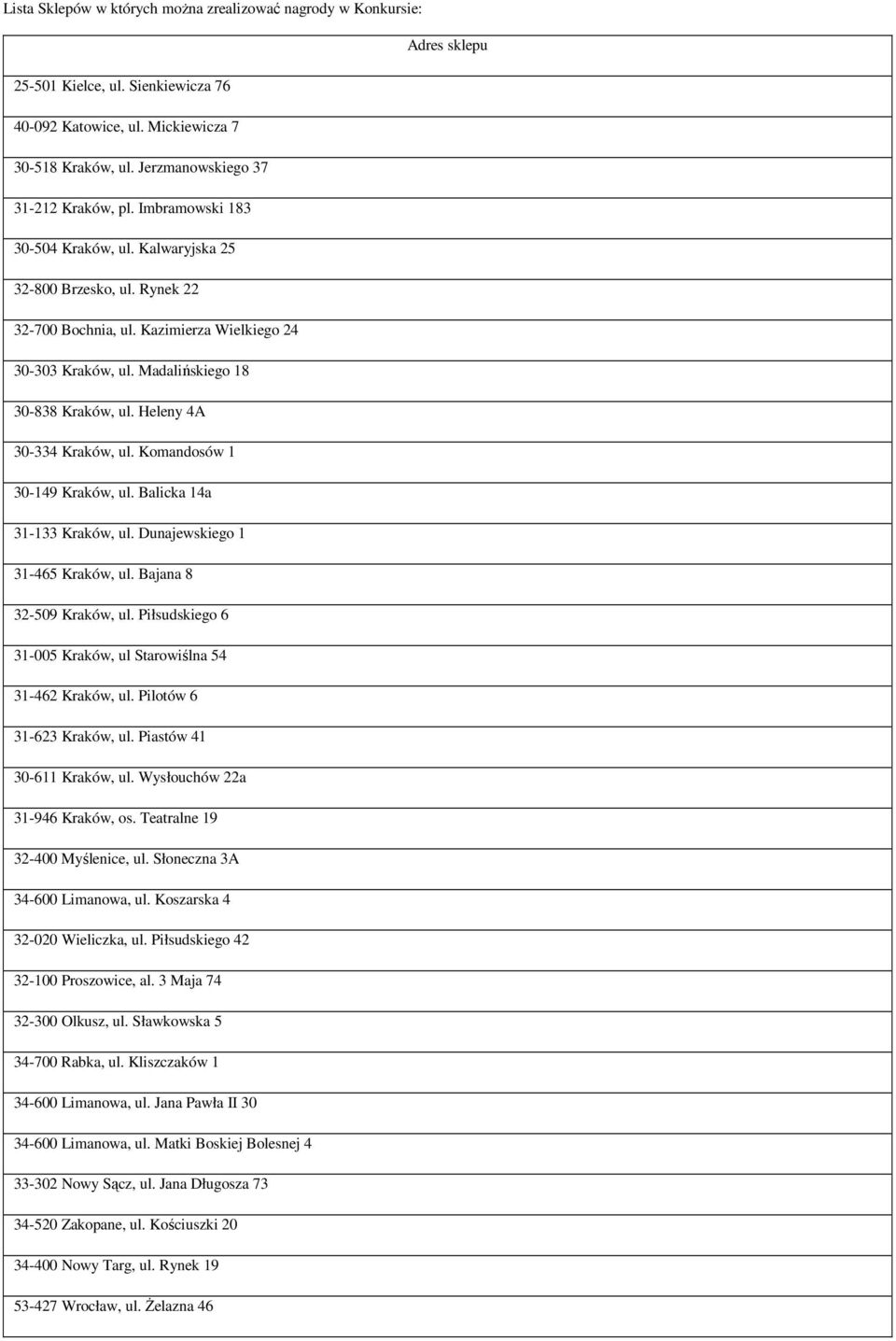 Madalińskiego 18 30-838 Kraków, ul. Heleny 4A 30-334 Kraków, ul. Komandosów 1 30-149 Kraków, ul. Balicka 14a 31-133 Kraków, ul. Dunajewskiego 1 31-465 Kraków, ul. Bajana 8 32-509 Kraków, ul.
