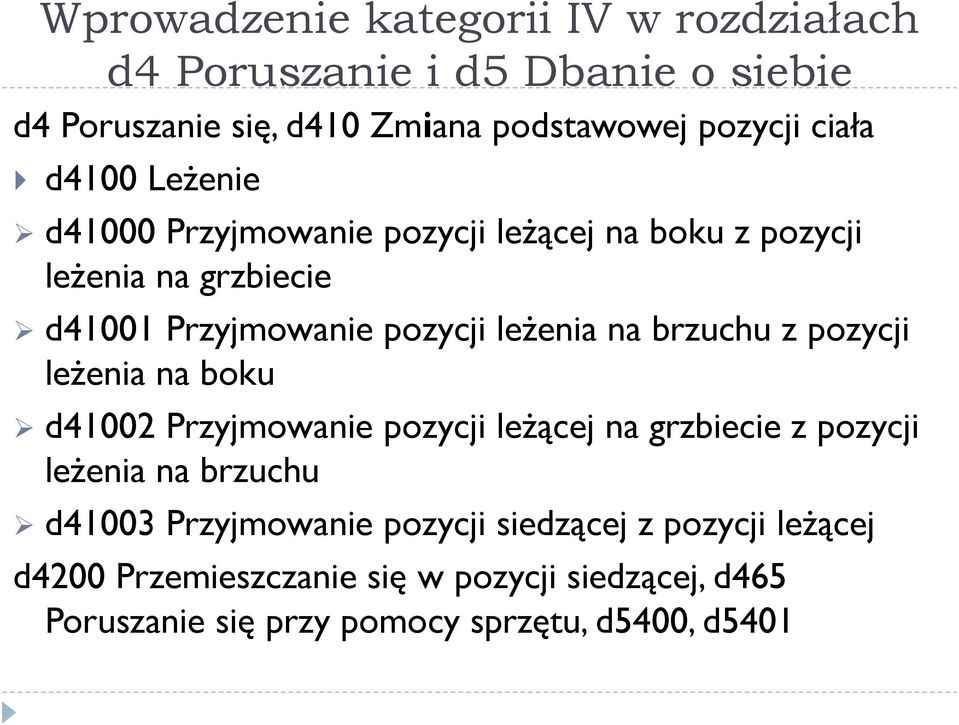 brzuchu z pozycji leżenia na boku d41002 Przyjmowanie pozycji leżącej na grzbiecie z pozycji leżenia na brzuchu d41003 Przyjmowanie