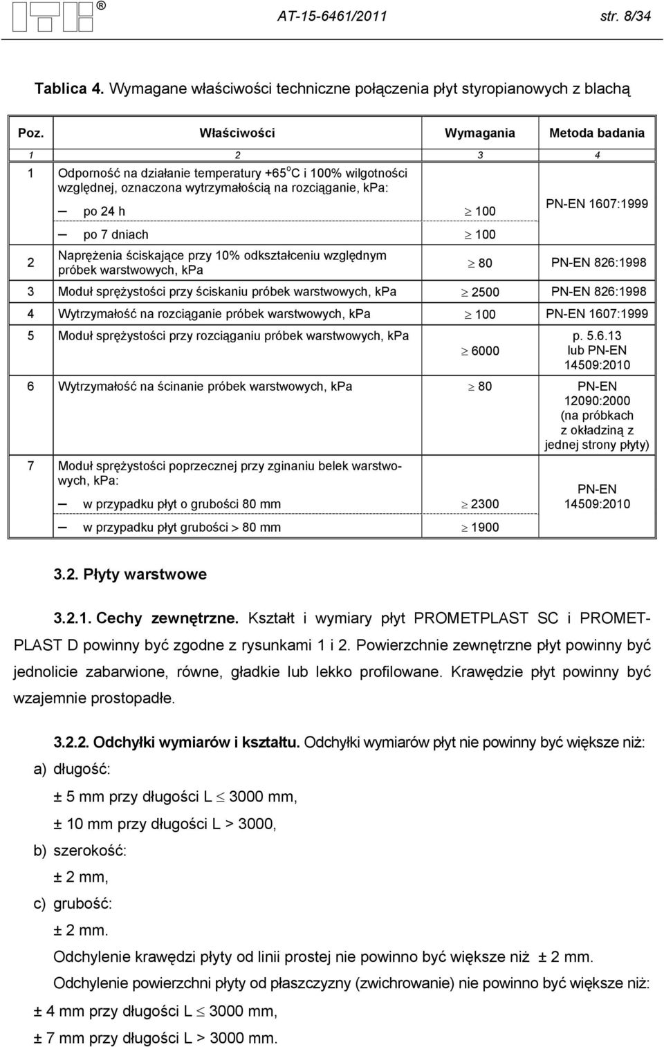 Naprężenia ściskające przy 10% odkształceniu względnym próbek warstwowych, kpa PN-EN 1607:1999 80 PN-EN 826:1998 3 Moduł sprężystości przy ściskaniu próbek warstwowych, kpa 2500 PN-EN 826:1998 4