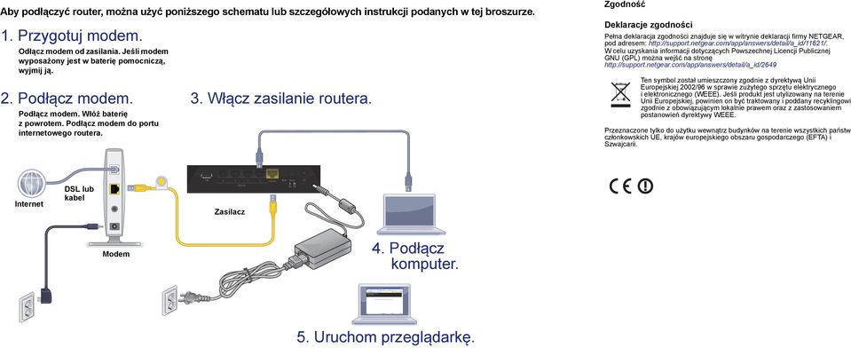 Zgodność Deklaracje zgodności Pełna deklaracja zgodności znajduje się w witrynie deklaracji firmy NETGEAR, pod adresem: http://support.netgear.com/app/answers/detail/a_id/11621/.