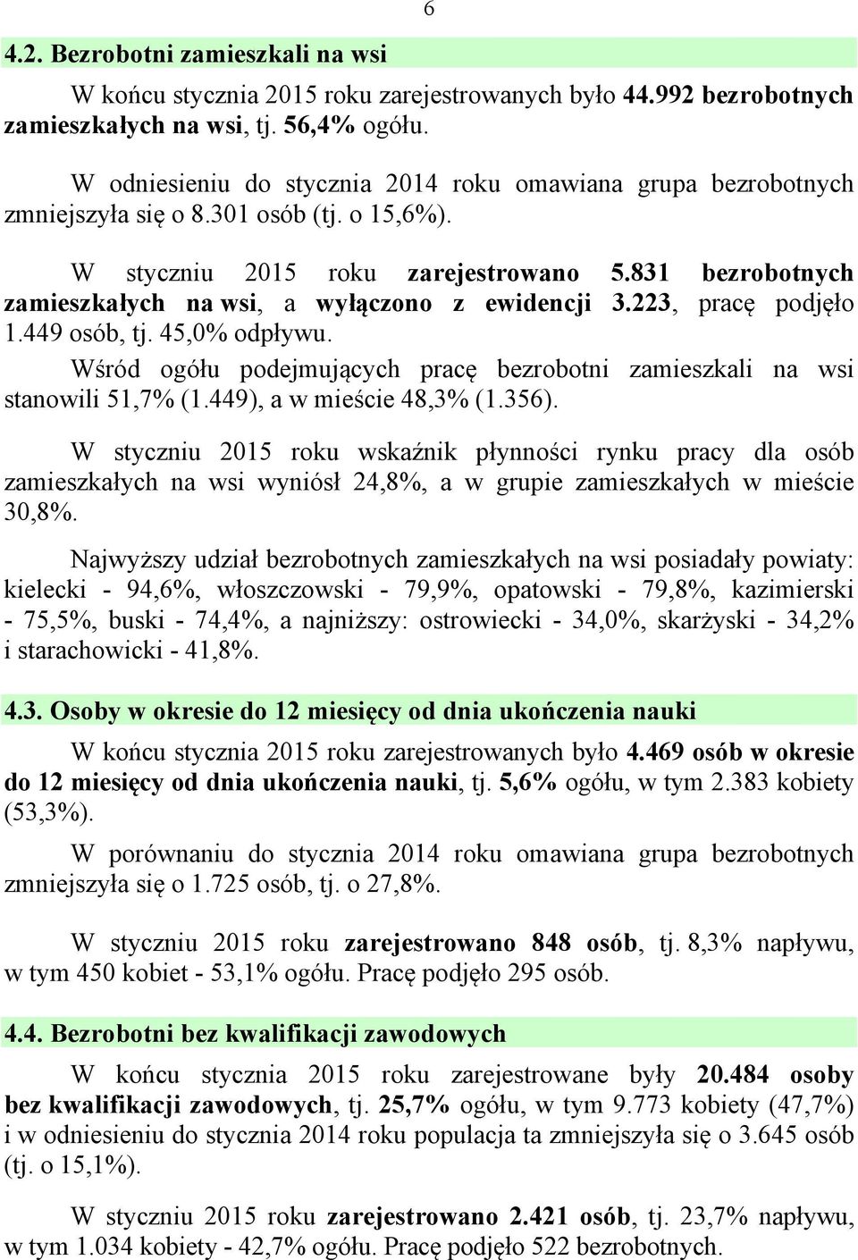 831 bezrobotnych zamieszkałych na wsi, a wyłączono z ewidencji 3.223, pracę podjęło 1.449 osób, tj. 45,0% odpływu. Wśród ogółu podejmujących pracę bezrobotni zamieszkali na wsi stanowili 51,7% (1.