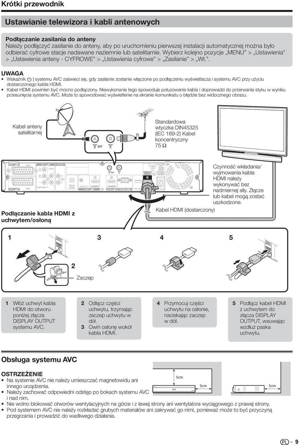 . Wskaźnik B systemu AVC zaświeci się, gdy zasilanie zostanie włączone po podłączeniu wyświetlacza i systemu AVC przy użyciu dostarczonego kabla HDMI. Kabel HDMI powinien być mocno podłączony.