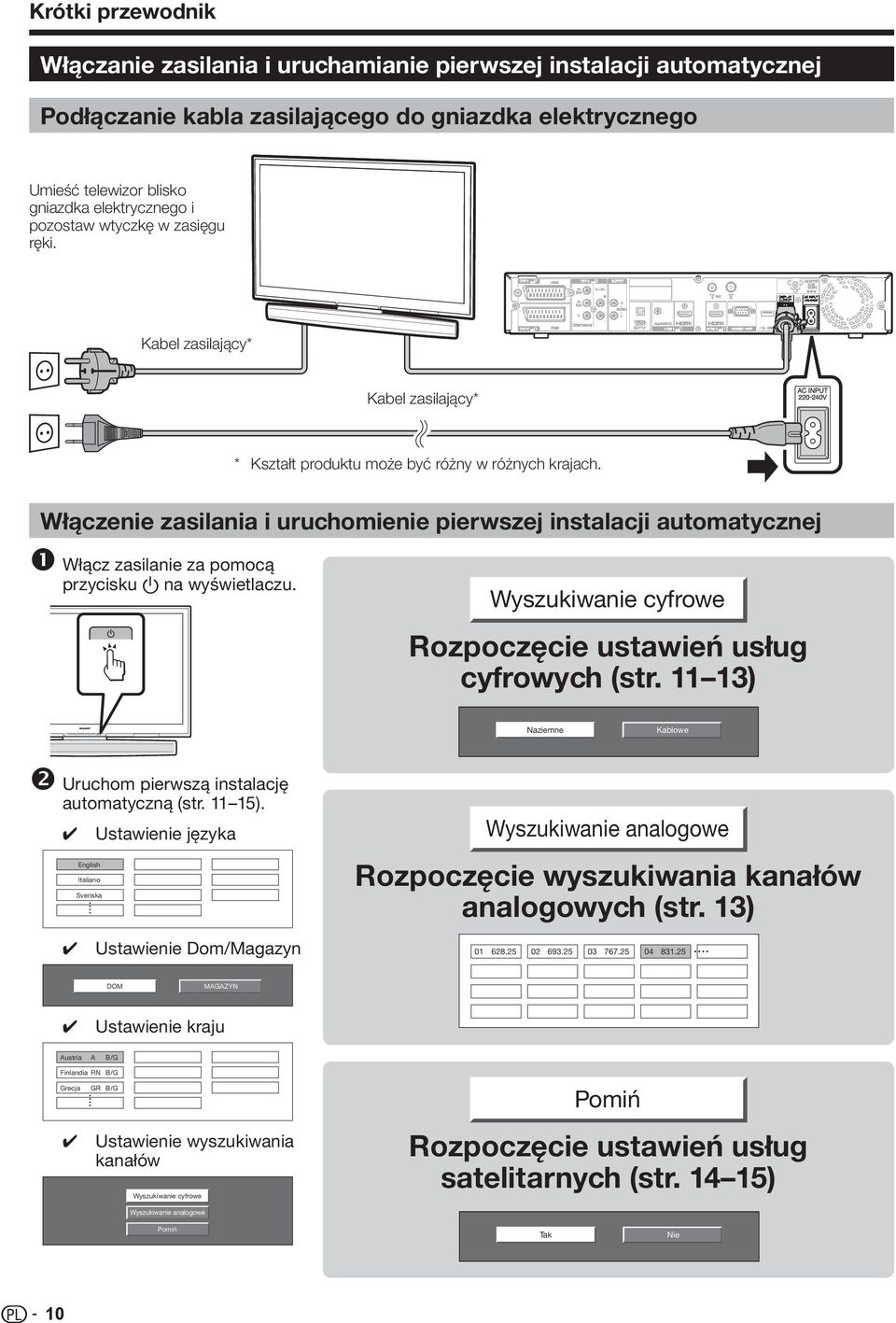 Włączenie zasilania i uruchomienie pierwszej instalacji automatycznej ❶ Włącz zasilanie za pomocą przycisku a na wyświetlaczu. Wyszukiwanie cyfrowe Rozpoczęcie ustawień usług cyfrowych (str.