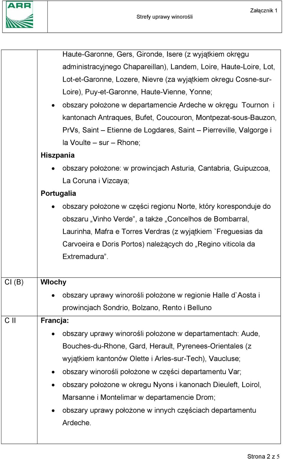 Pierreville, Valgorge i la Voulte sur Rhone; Hiszpania obszary położone: w prowincjach Asturia, Cantabria, Guipuzcoa, La Coruna i Vizcaya; Portugalia obszary położone w części regionu Norte, który