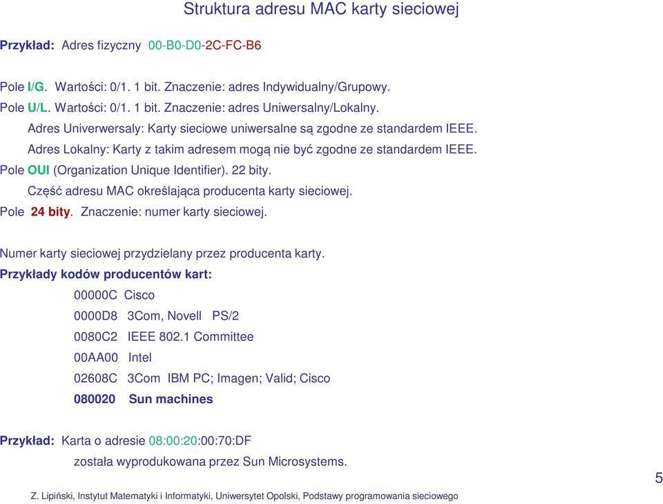 22 bity. Część adresu MAC określająca producenta karty sieciowej. Pole 24 bity. Znaczenie: numer karty sieciowej. Numer karty sieciowej przydzielany przez producenta karty.