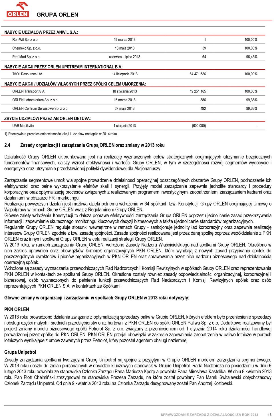 z o.o. 15 marca 2013 886 99,38% ORLEN Centrum Serwisowe Sp. z o.o. 27 maja 2013 492 99,33% ZBYCIE UDZIAŁÓW PRZEZ AB ORLEN LIETUVA: UAB Medikvita 1 sierpnia 2013 (600 000) - 1) Rzeczywiste przeniesienie własności akcji i udziałów nastąpiło w 2014 roku 2.