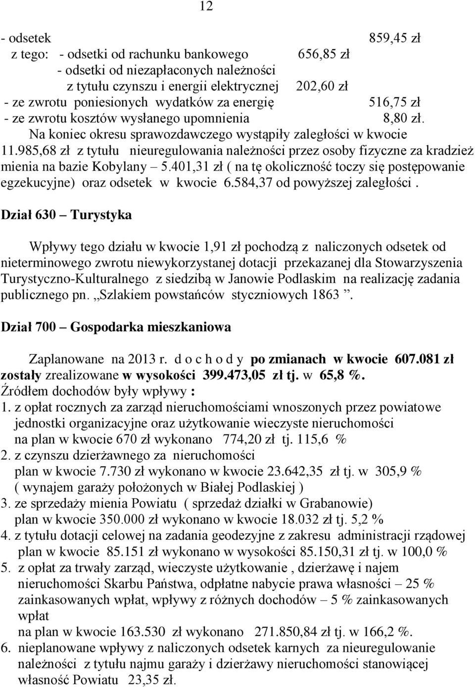 985,68 zł z tytułu nieuregulowania należności przez osoby fizyczne za kradzież mienia na bazie Kobylany 5.401,31 zł ( na tę okoliczność toczy się postępowanie egzekucyjne) oraz odsetek w kwocie 6.