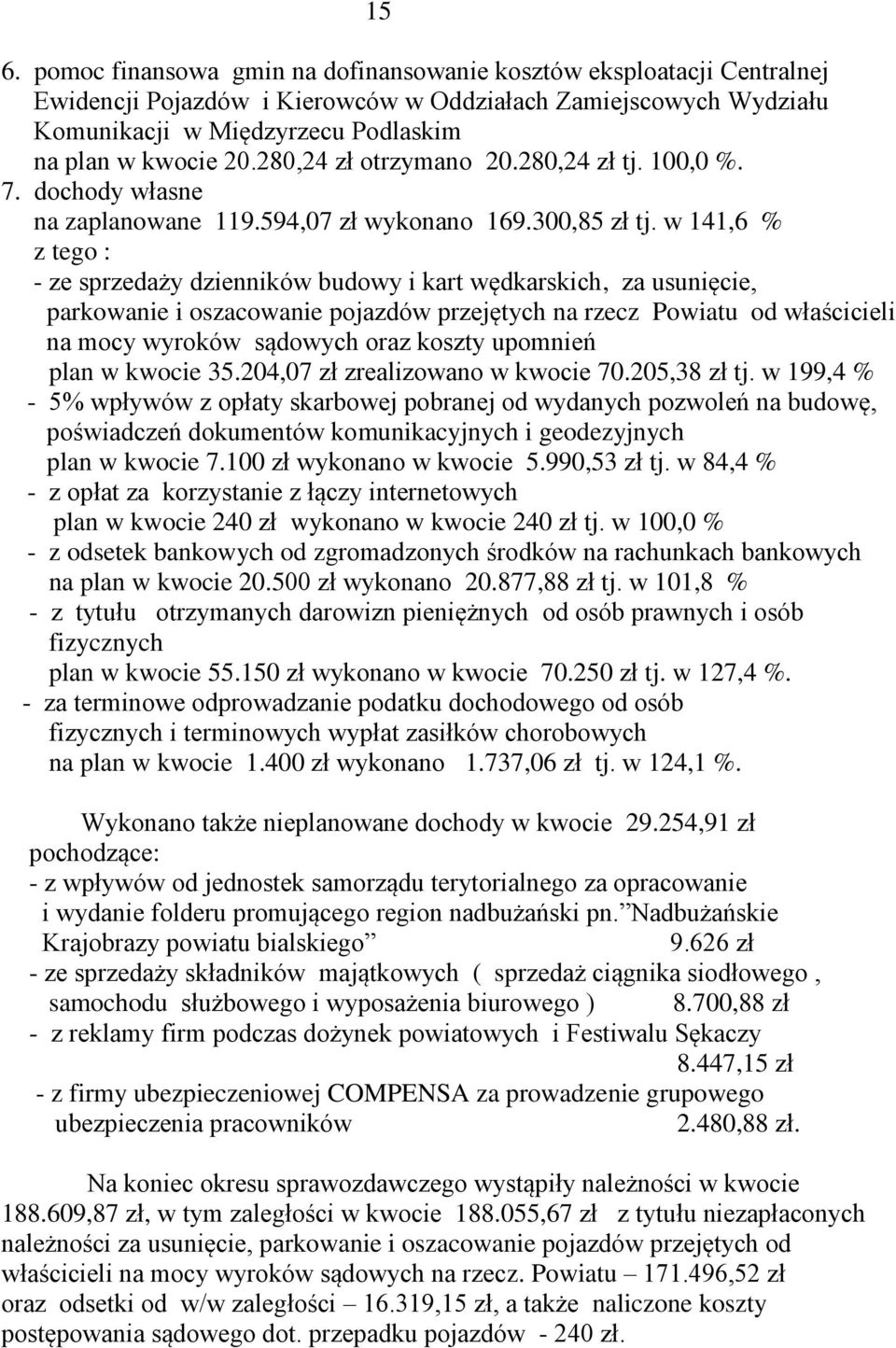 w 141,6 % z tego : - ze sprzedaży dzienników budowy i kart wędkarskich, za usunięcie, parkowanie i oszacowanie pojazdów przejętych na rzecz Powiatu od właścicieli na mocy wyroków sądowych oraz koszty