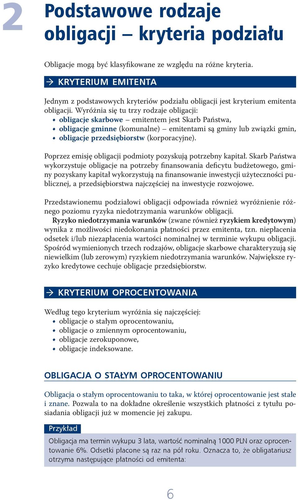 Wyróżnia się tu trzy rodzaje obligacji: obligacje skarbowe emitentem jest Skarb Państwa, obligacje gminne (komunalne) emitentami są gminy lub związki gmin, obligacje przedsiębiorstw (korporacyjne).