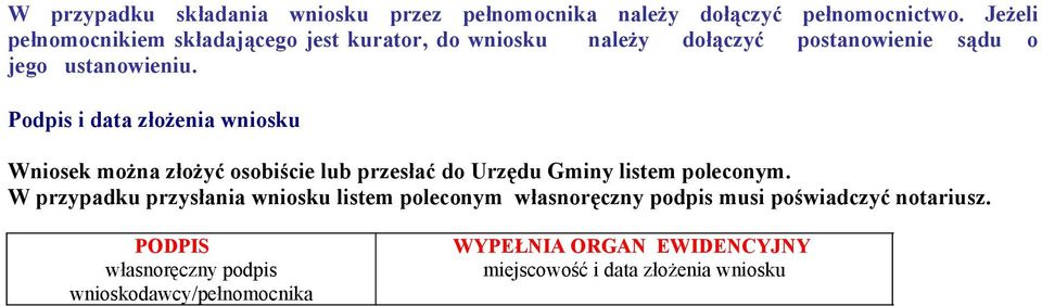 Podpis i data złożenia wniosku Wniosek można złożyć osobiście lub przesłać do Urzędu Gminy listem poleconym.