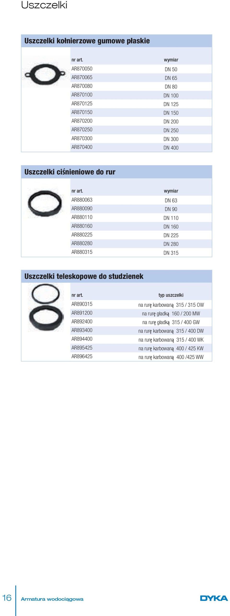 wymiar AR003 DN 3 AR000 DN 0 AR00 DN 0 AR00 DN 0 AR0 DN AR0 DN AR03 DN 3 Uszczelki teleskopowe do studzienek 1 1 nr art.