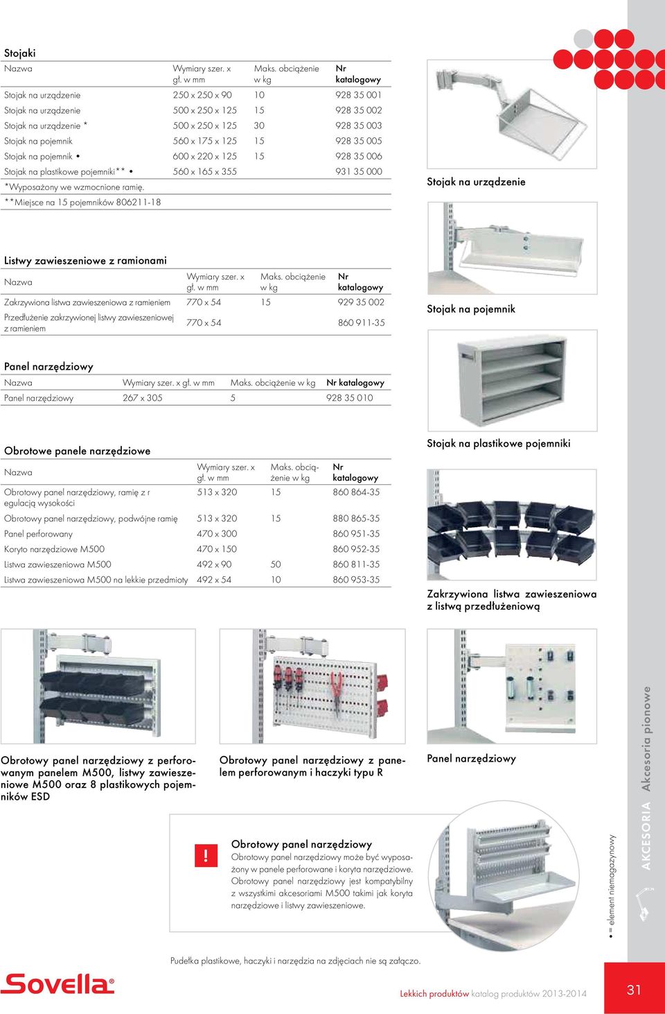 928 35 005 Stojak na pojemnik 600 x 220 x 125 15 928 35 006 Stojak na plastikowe pojemniki** 560 x 165 x 355 931 35 000 *Wyposażony we wzmocnione ramię.