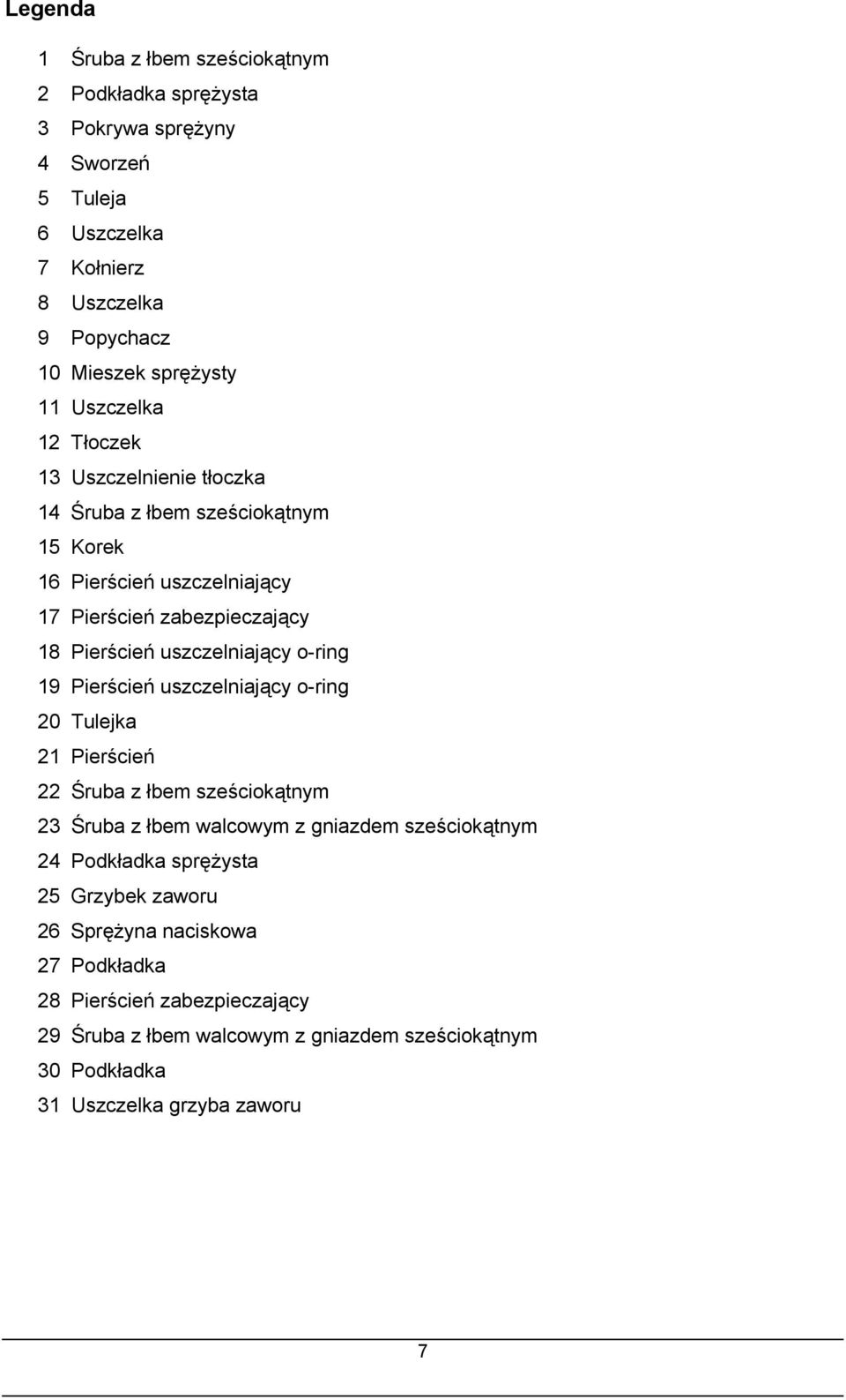 o-ring 19 Pierścień uszczelniający o-ring 20 Tulejka 21 Pierścień 22 Śruba z łbem sześciokątnym 23 Śruba z łbem walcowym z gniazdem sześciokątnym 24 Podkładka sprężysta