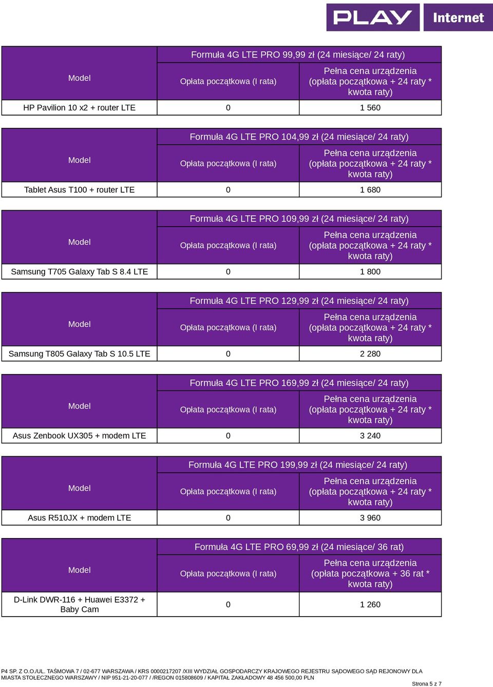 4 LTE 0 1 800 Formuła 4G LTE PRO 129,99 zł (24 miesiące/ 24 raty) Samsung T805 Galaxy Tab S 10.