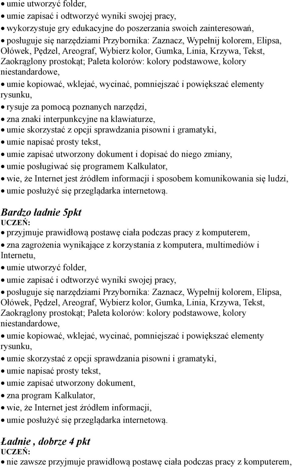 pomniejszać i powiększać elementy rysunku, rysuje za pomocą poznanych narzędzi, zna znaki interpunkcyjne na klawiaturze, umie napisać prosty tekst, umie zapisać utworzony dokument i dopisać do niego