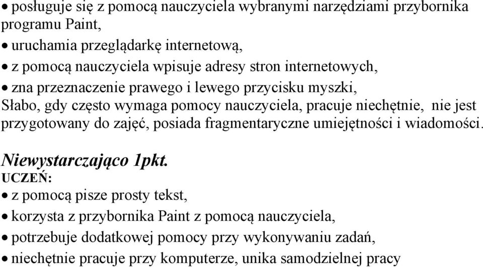 nauczyciela, pracuje niechętnie, nie jest przygotowany do zajęć, posiada fragmentaryczne umiejętności i wiadomości.