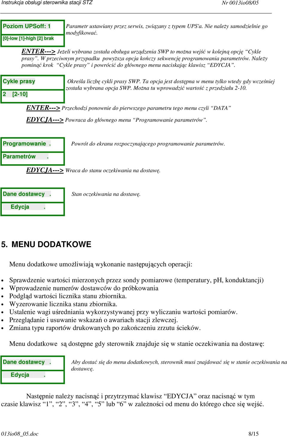 Należy pominąć krok Cykle prasy i powrócić do głównego menu naciskając klawisz EDYCJA. Cykle prasy 2 [2-10] Określa liczbę cykli prasy SWP.