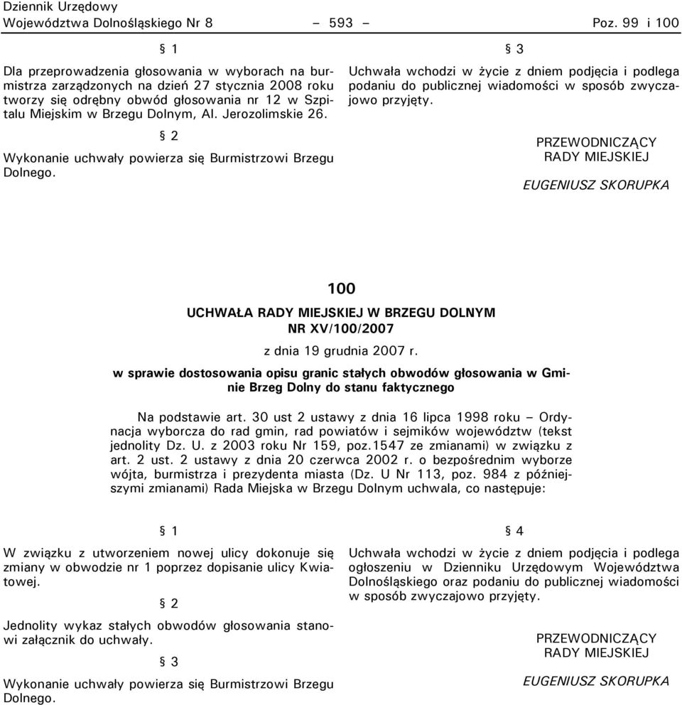 Eerozolimskie 26. Wykonanie uchwały powierza się Burmistrzowi Brzegu Dolnego. Uchwała wchodzi w życie z dniem podjęcia i podlega podaniu do publicznej wiadomości w sposób zwyczajowo przyjęty.