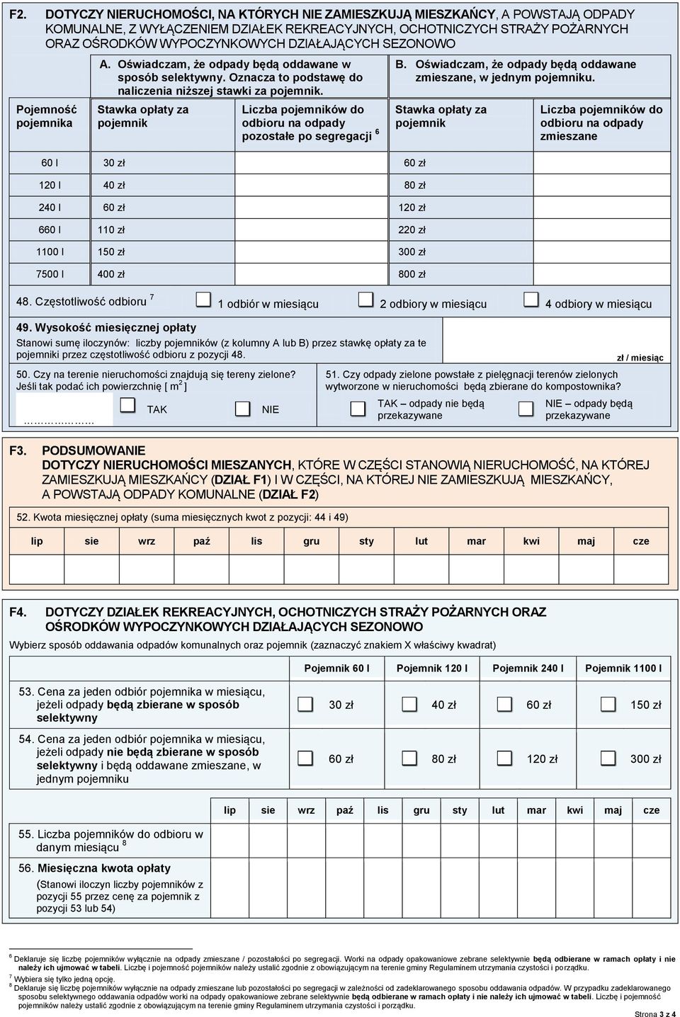 Stawka opłaty za pojemnik Liczba pojemników do odbioru na odpady pozostałe po segregacji 6 60 l 30 zł 60 zł 120 l 40 zł 80 zł 240 l 60 zł 120 zł 660 l 110 zł 220 zł 1100 l 150 zł 300 zł 7500 l 400 zł
