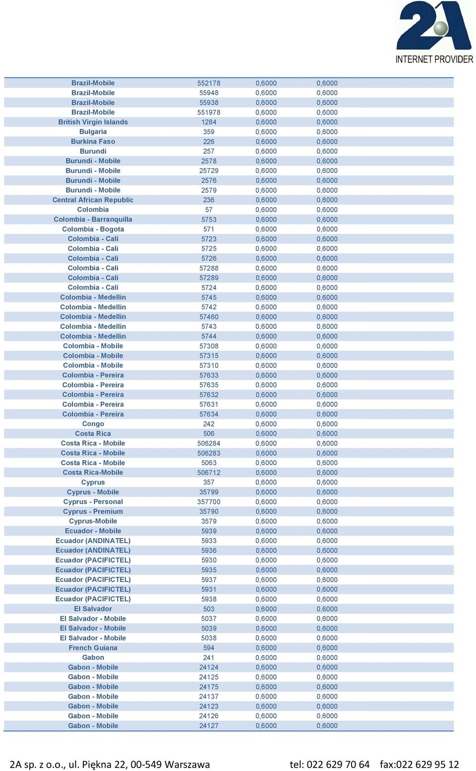 0,6000 0,6000 Central African Republic 236 0,6000 0,6000 Colombia 57 0,6000 0,6000 Colombia - Barranquilla 5753 0,6000 0,6000 Colombia - Bogota 571 0,6000 0,6000 Colombia - Cali 5723 0,6000 0,6000