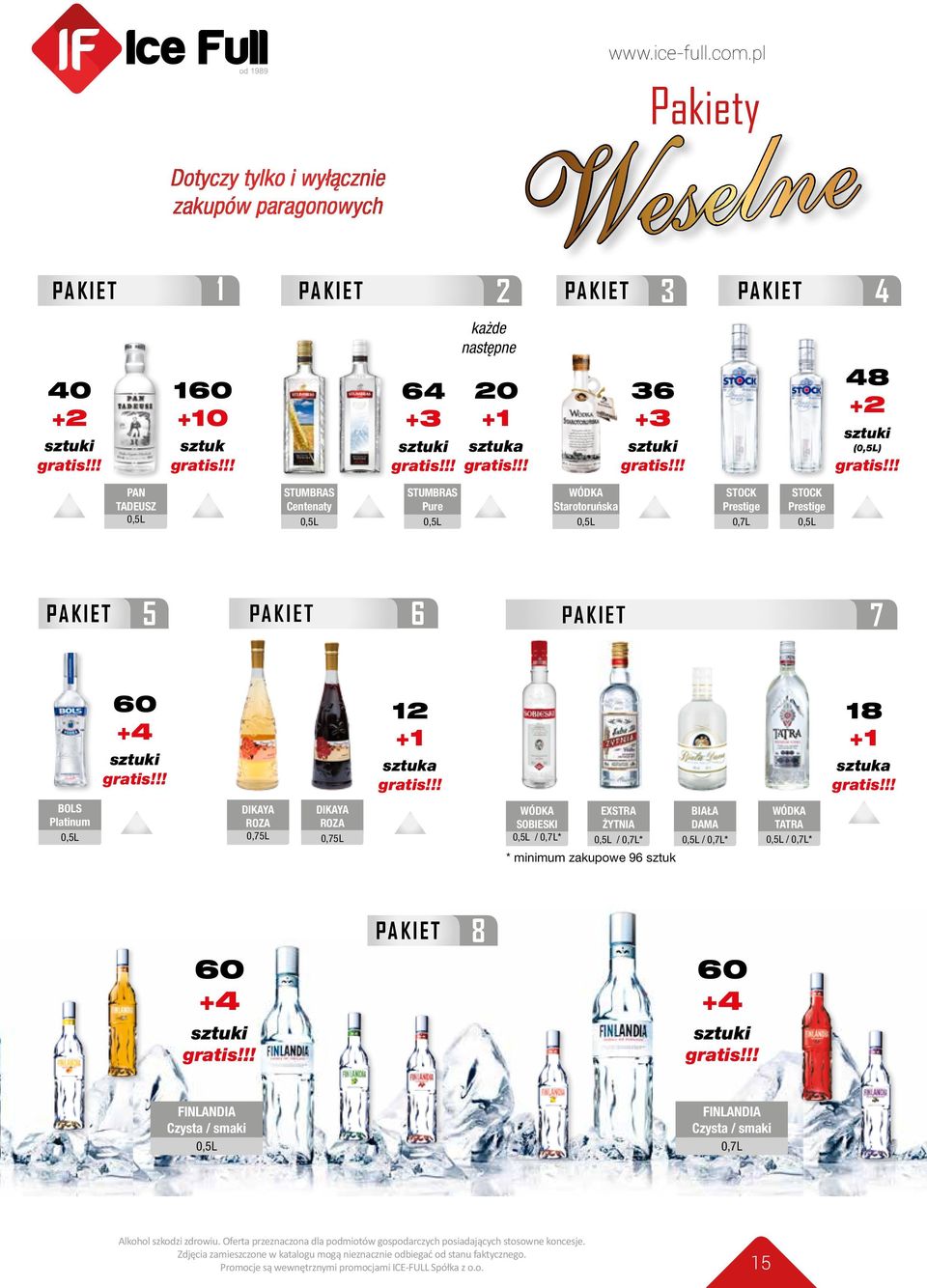 STUMBRAS Centenaty 0,5 L STUMBRAS Pure 0,5 L WÓDKA Starotoruńska 0,5 L STOCK Prestige 0,7 L STOCK Prestige 0,5 L PAKIET 5 PAKIET 6 PAKIET 7 60 +4 sztuki 12 +1 sztuka 18 +1