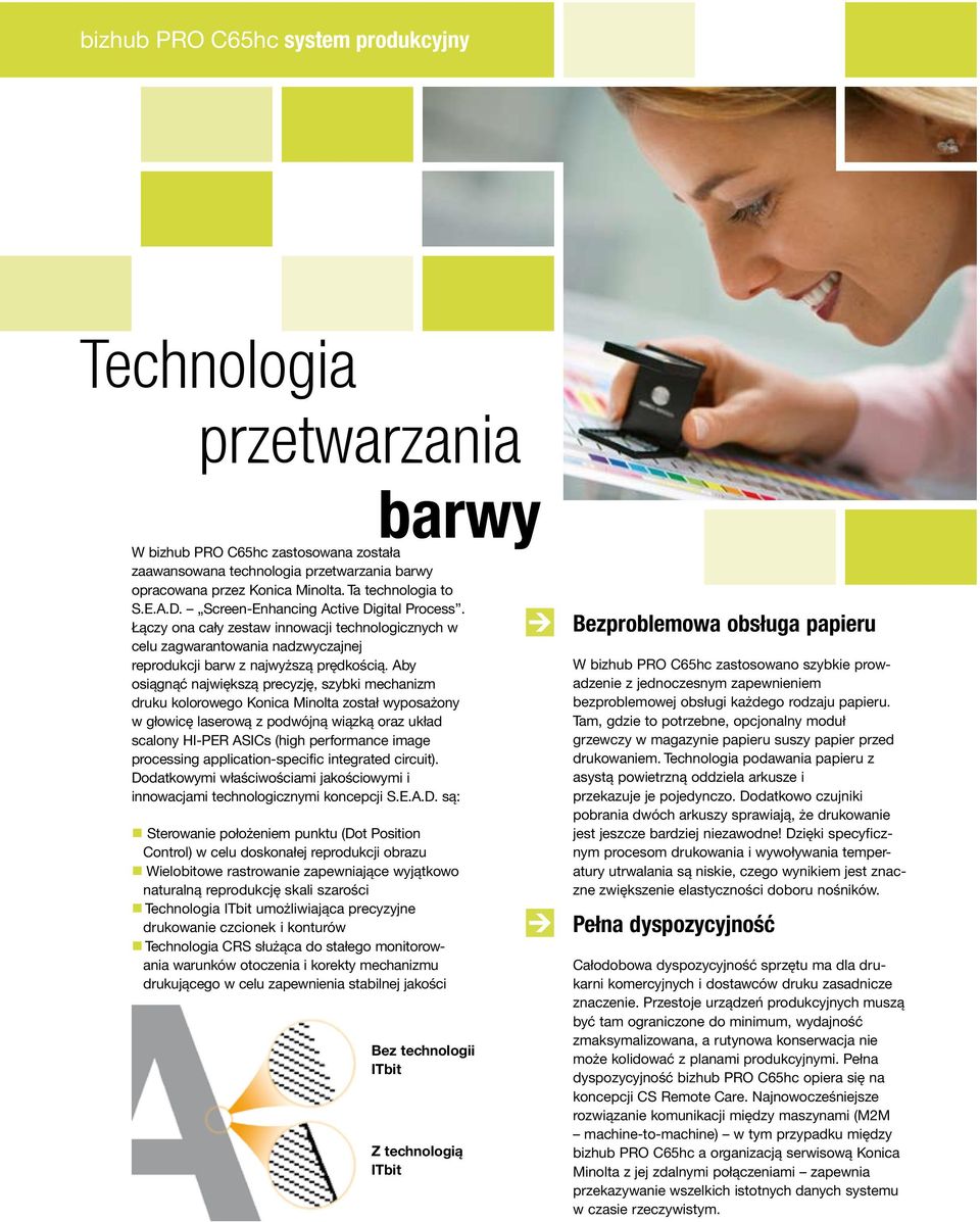 Aby osiągnąć największą precyzję, szybki mechanizm druku kolorowego Konica Minolta został wyposażony w głowicę laserową z podwójną wiązką oraz układ scalony HI-PER ASICs (high performance image