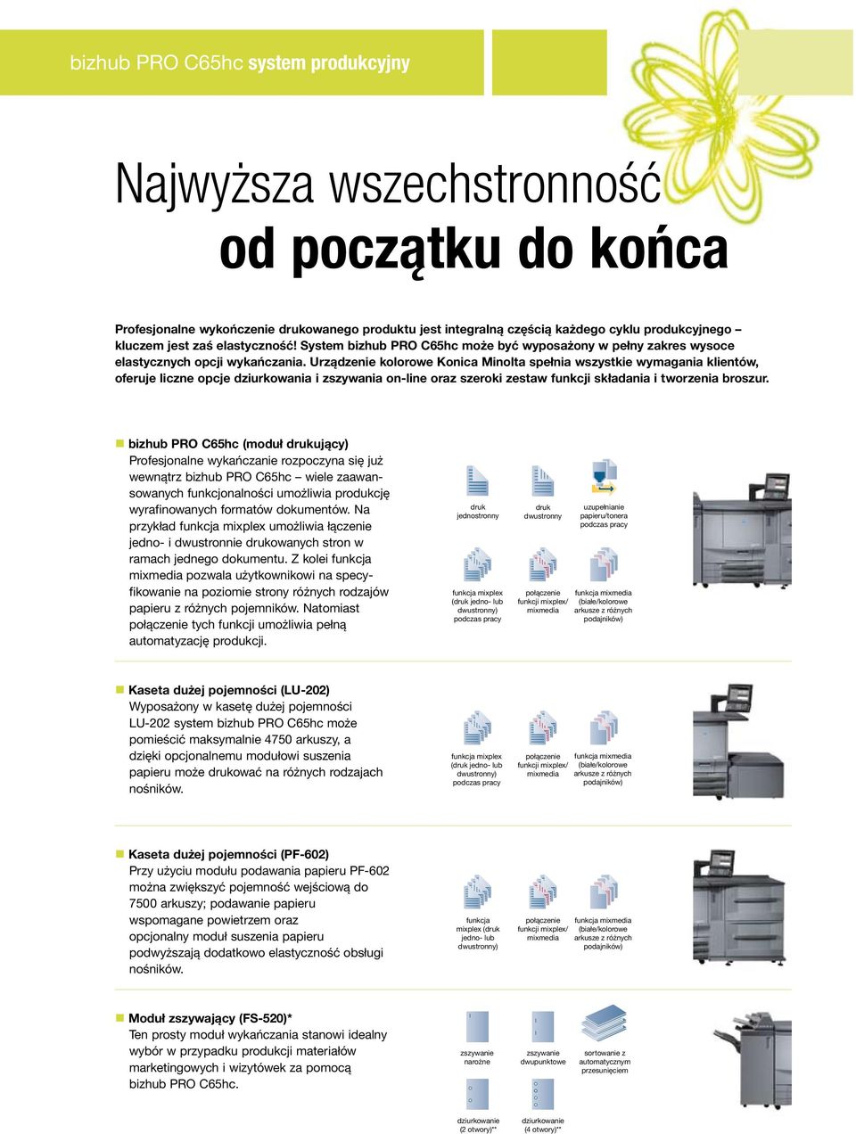 Urządzenie kolorowe Konica Minolta spełnia wszystkie wymagania klientów, oferuje liczne opcje dziurkowania i zszywania on-line oraz szeroki zestaw funkcji składania i tworzenia broszur.