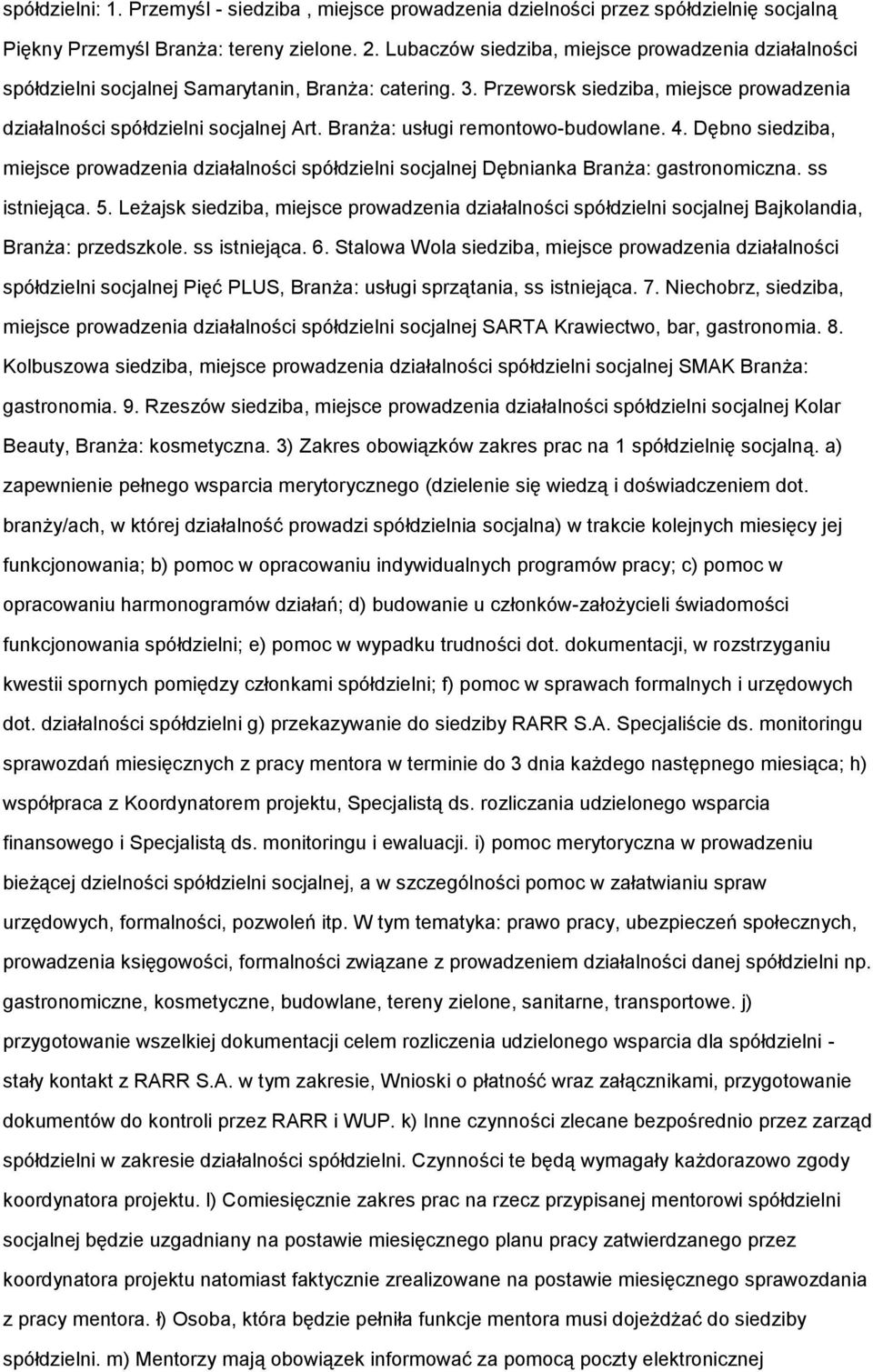 Branża: usługi remontowo-budowlane. 4. Dębno siedziba, miejsce prowadzenia działalności spółdzielni socjalnej Dębnianka Branża: gastronomiczna. ss istniejąca. 5.