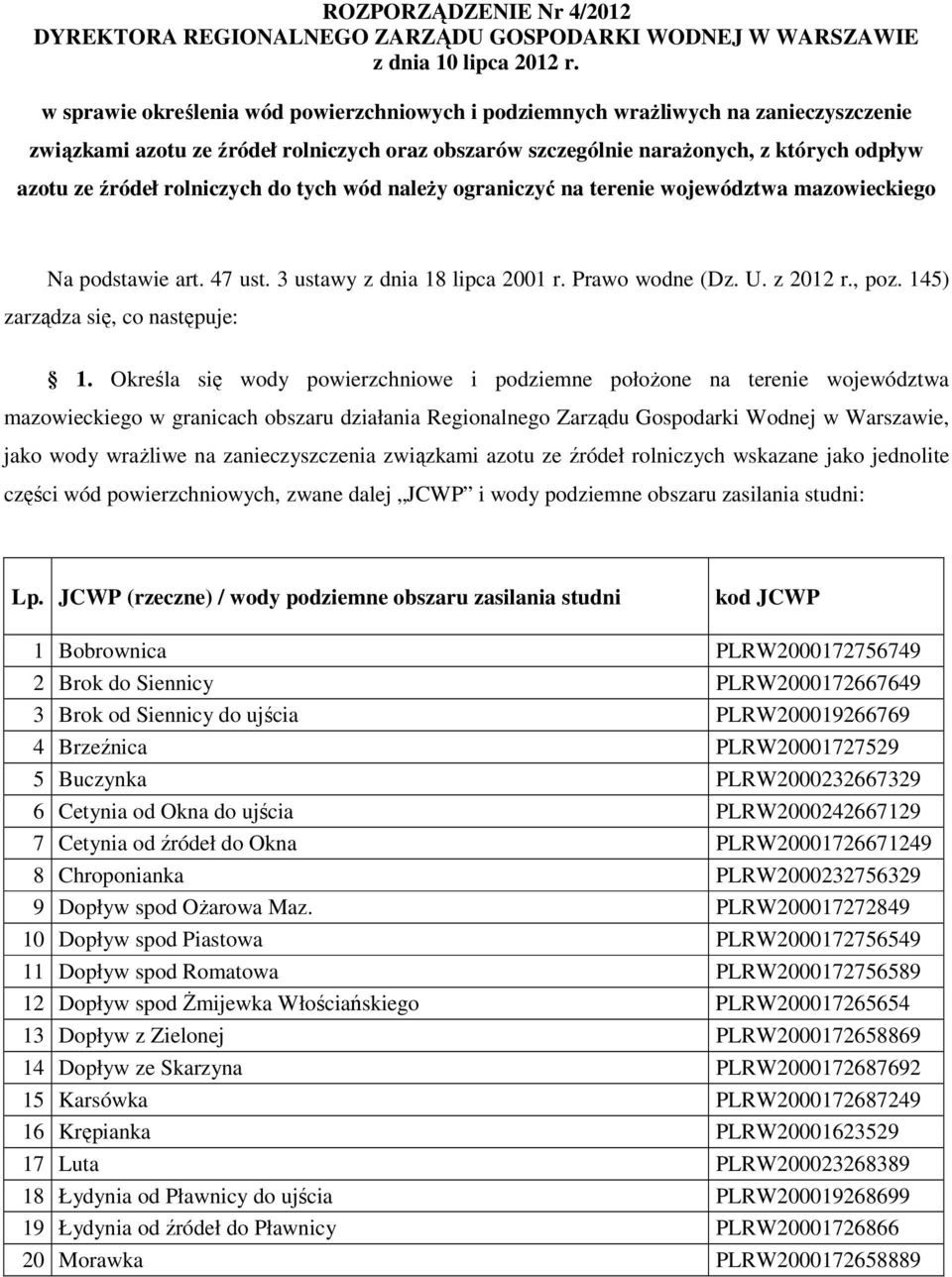 rolniczych do tych wód naleŝy ograniczyć na terenie województwa mazowieckiego Na podstawie art. 47 ust. 3 ustawy z dnia 18 lipca 2001 r. Prawo wodne (Dz. U. z 2012 r., poz.