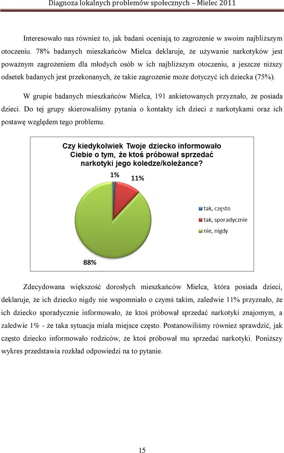 zagrożenie może dotyczyć ich dziecka (75%). W grupie badanych mieszkańców Mielca, 191 ankietowanych przyznało, że posiada dzieci.