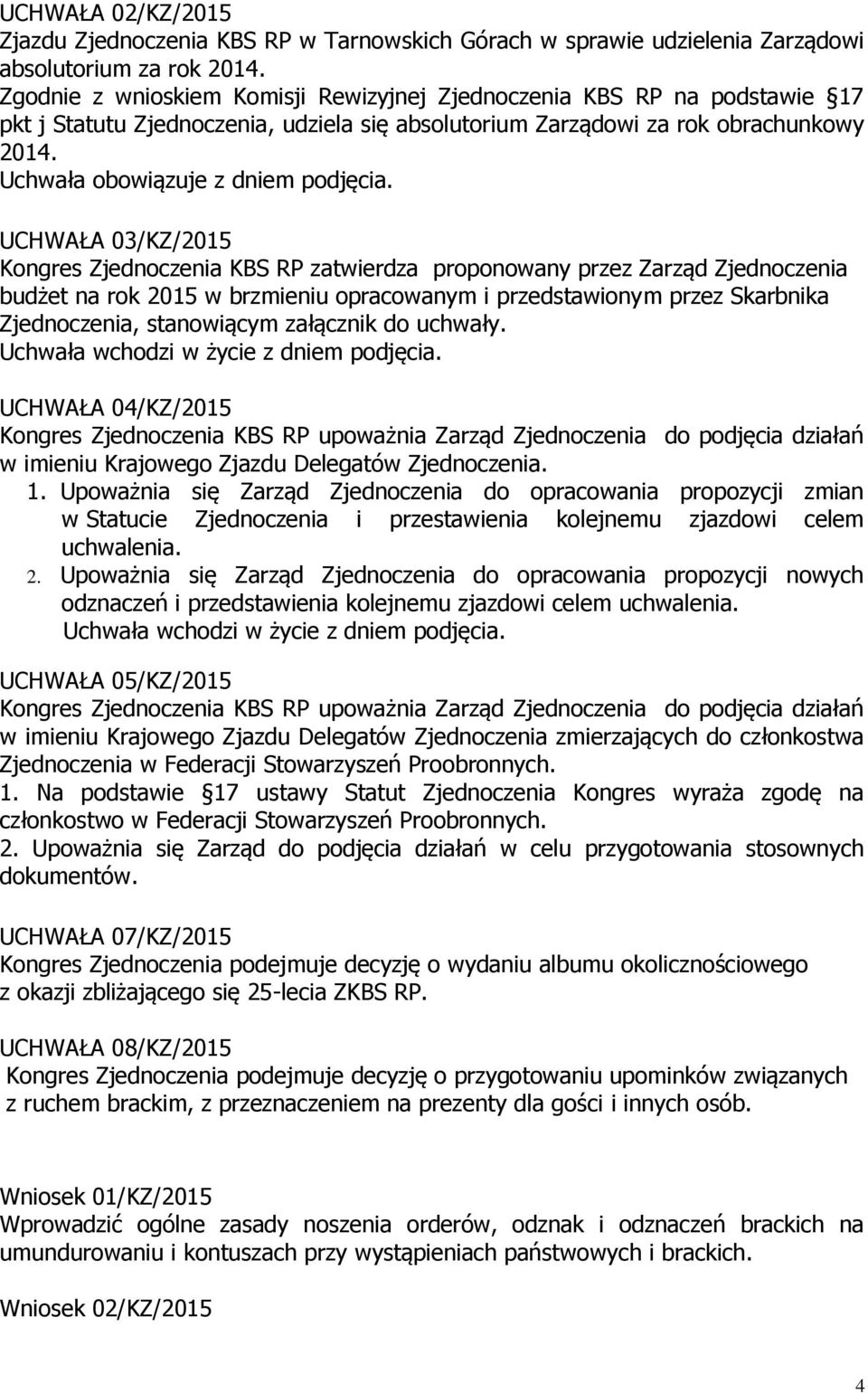 UCHWAŁA 03/KZ/2015 Kongres Zjednoczenia KBS RP zatwierdza proponowany przez Zarząd Zjednoczenia budżet na rok 2015 w brzmieniu opracowanym i przedstawionym przez Skarbnika Zjednoczenia, stanowiącym