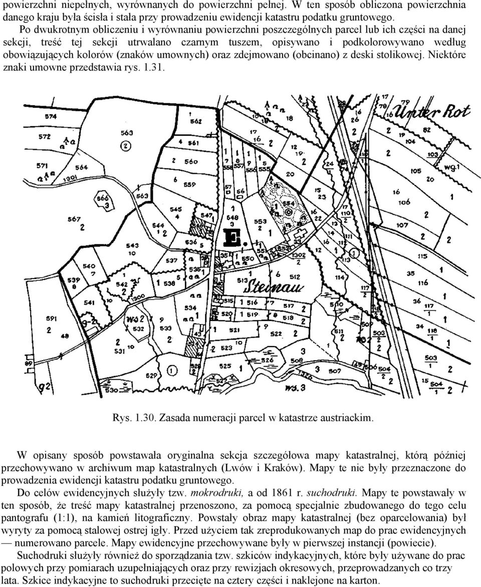 kolorów (znaków umownych) oraz zdejmowano (obcinano) z deski stolikowej. Niektóre znaki umowne przedstawia rys. 1.31. Rys. 1.30. Zasada numeracji parcel w katastrze austriackim.