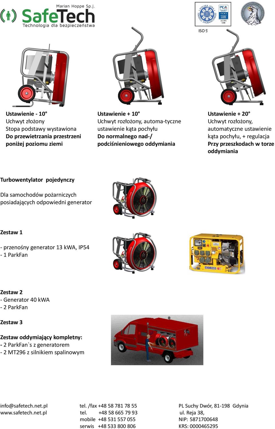 Przy przeszkodach w torze oddymiania Turbowentylator pojedynczy Dla samochodów pożarniczych posiadających odpowiedni generator Zestaw 1 - przenośny generator