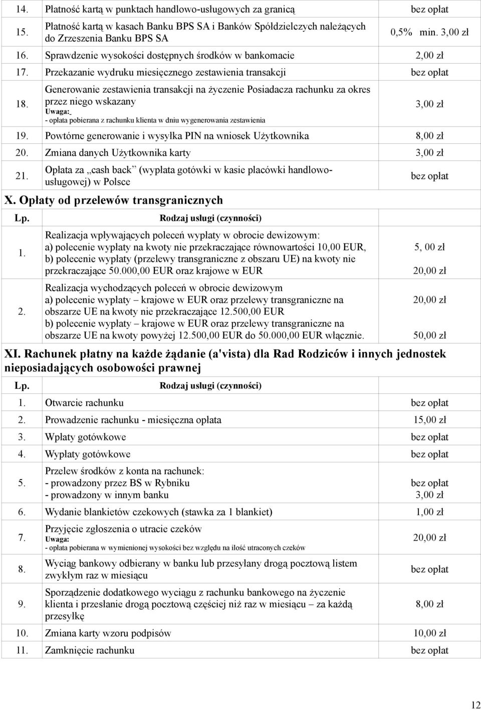 Generowanie zestawienia transakcji na życzenie Posiadacza rachunku za okres przez niego wskazany - opłata pobierana z rachunku klienta w dniu wygenerowania zestawienia 3,00 zł 19.