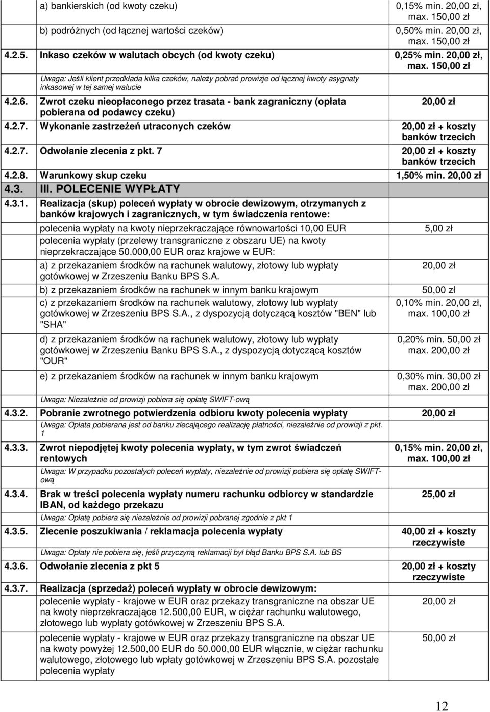 Zwrot czeku nieopłaconego przez trasata - bank zagraniczny (opłata pobierana od podawcy czeku) 4.2.7. Wykonanie zastrzeżeń utraconych czeków + koszty banków trzecich 4.2.7. Odwołanie zlecenia z pkt.