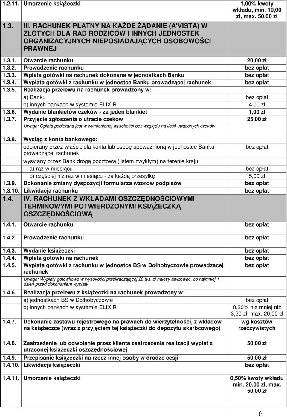 1. Otwarcie rachunku 1.3.2. Prowadzenie rachunku 1.3.3. Wpłata gotówki na rachunek dokonana w jednostkach Banku 1.3.4. Wypłata gotówki z rachunku w jednostce Banku prowadzącej rachunek 1.3.5.