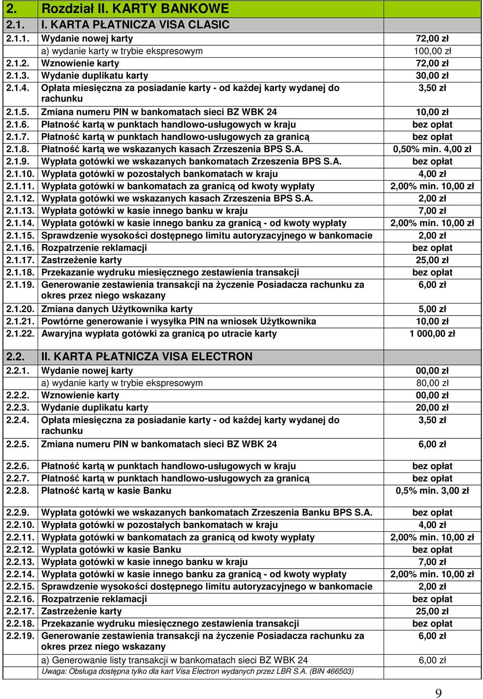 Płatność kartą w punktach handlowo-usługowych w kraju 2.1.7. Płatność kartą w punktach handlowo-usługowych za granicą 2.1.8. Płatność kartą we wskazanych kasach Zrzeszenia BPS S.A. 0,50% min.