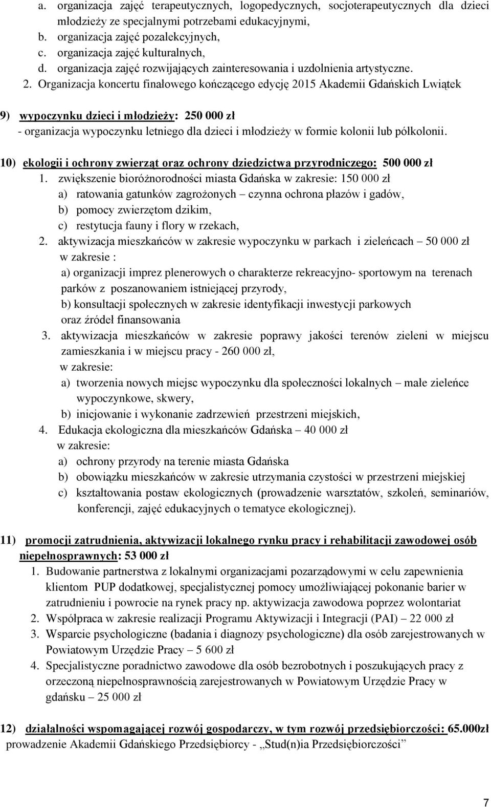 Organizacja koncertu finałowego kończącego edycję 2015 Akademii Gdańskich Lwiątek 9) wypoczynku dzieci i młodzieży: 250 000 zł - organizacja wypoczynku letniego dla dzieci i młodzieży w formie