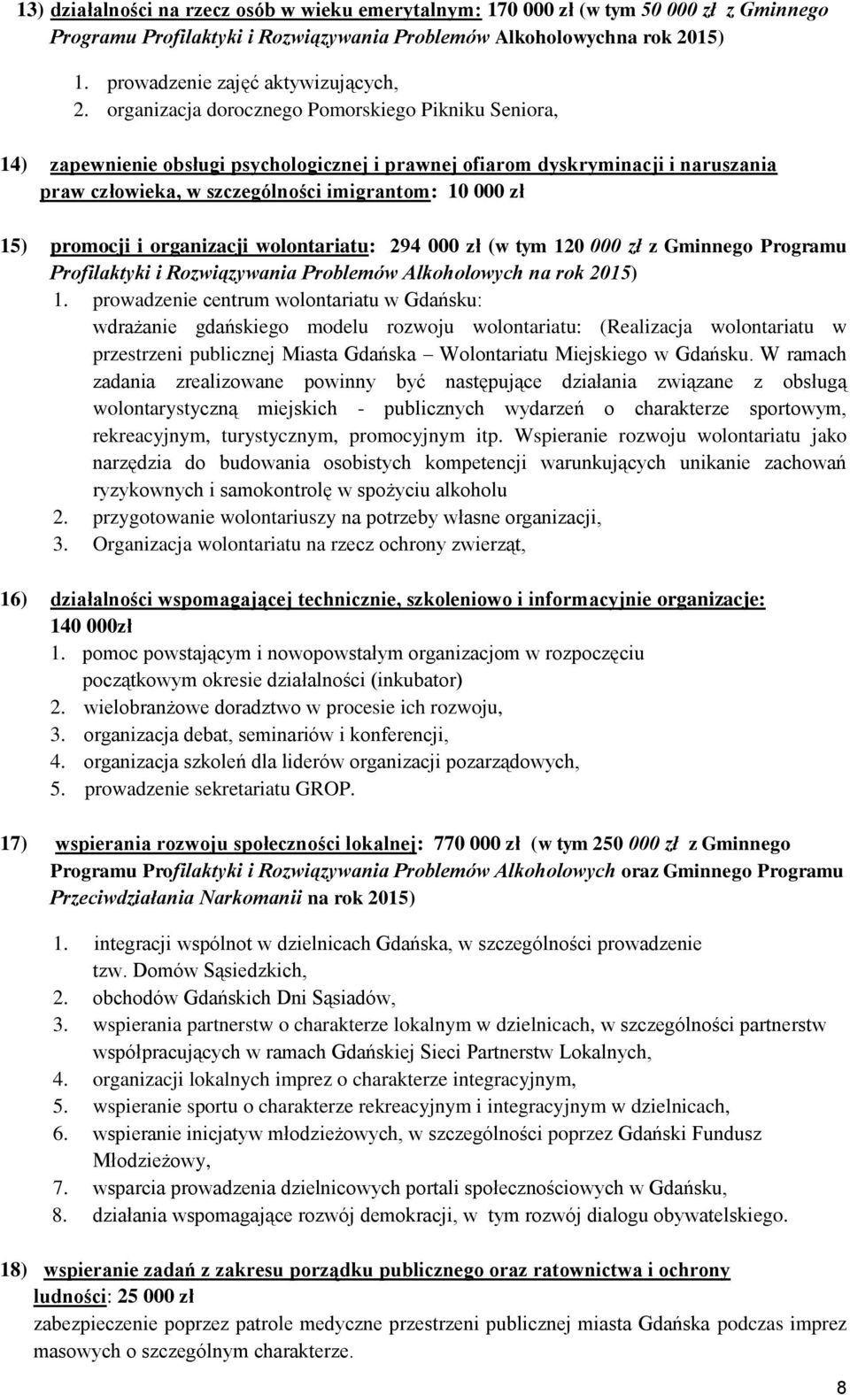 organizacja dorocznego Pomorskiego Pikniku Seniora, 14) zapewnienie obsługi psychologicznej i prawnej ofiarom dyskryminacji i naruszania praw człowieka, w szczególności imigrantom: 10 000 zł 15)