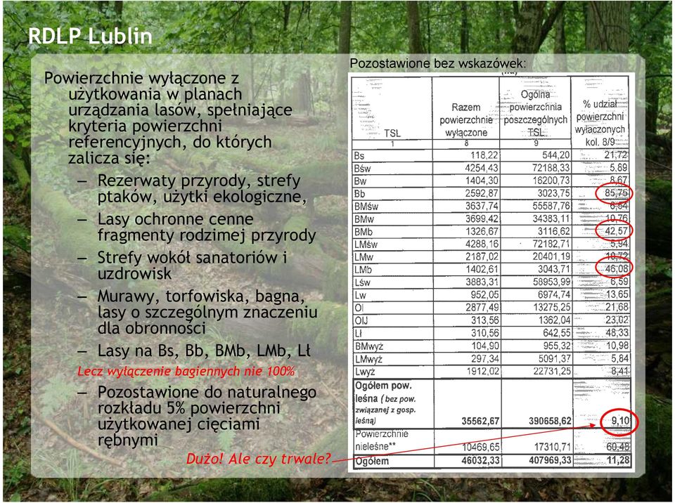 sanatoriów i uzdrowisk Murawy, torfowiska, bagna, lasy o szczególnym znaczeniu dla obronności Lasy na Bs, Bb, BMb, LMb, Lł Lecz wyłączenie