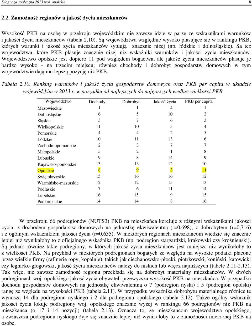 1). Są województwa względnie wysoko plasujące się w rankingu PKB, których warunki i jakość zycia mieszkańców sytuują znacznie niżej (np. łódzkie i dolnośląskie).