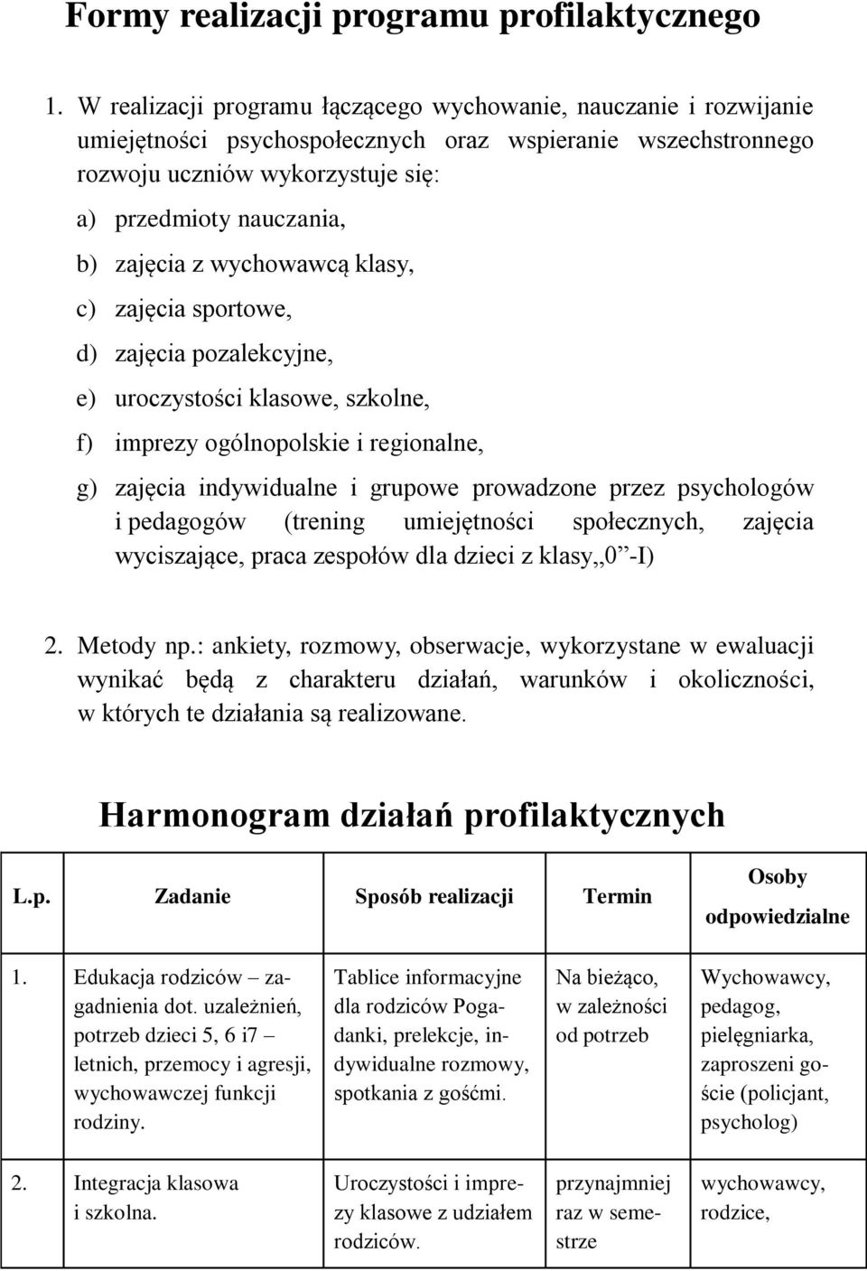 z wychowawcą klasy, c) zajęcia sportowe, d) zajęcia pozalekcyjne, e) uroczystości klasowe, szkolne, f) imprezy ogólnopolskie i regionalne, g) zajęcia indywidualne i grupowe prowadzone przez