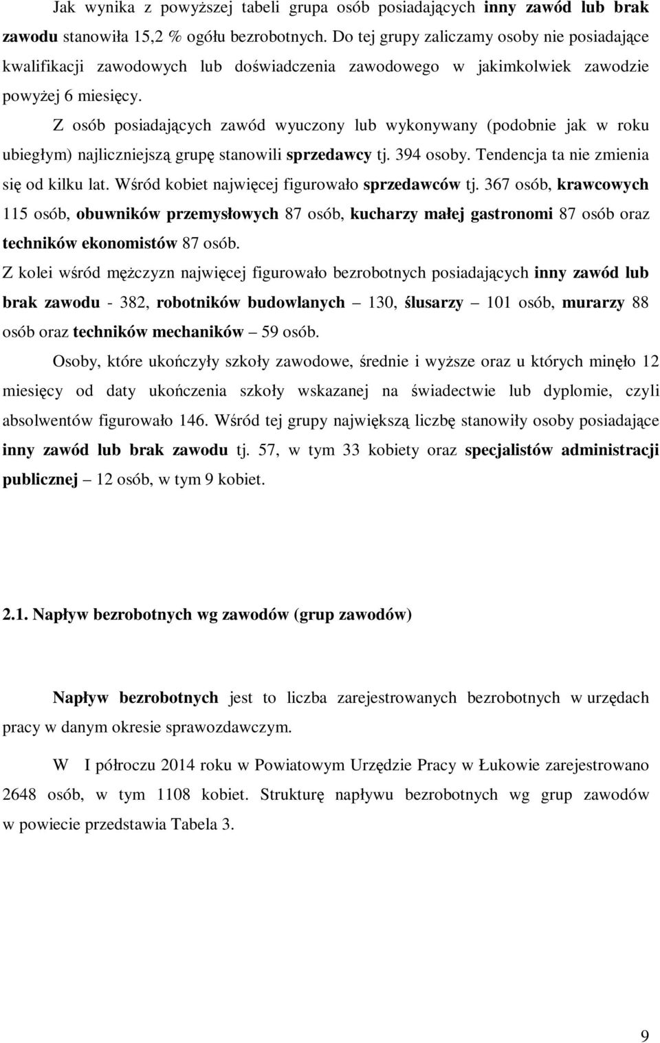 Z osób posiadających zawód wyuczony lub wykonywany (podobnie jak w roku ubiegłym) najliczniejszą grupę stanowili sprzedawcy tj. 394 osoby. Tendencja ta nie zmienia się od kilku lat.