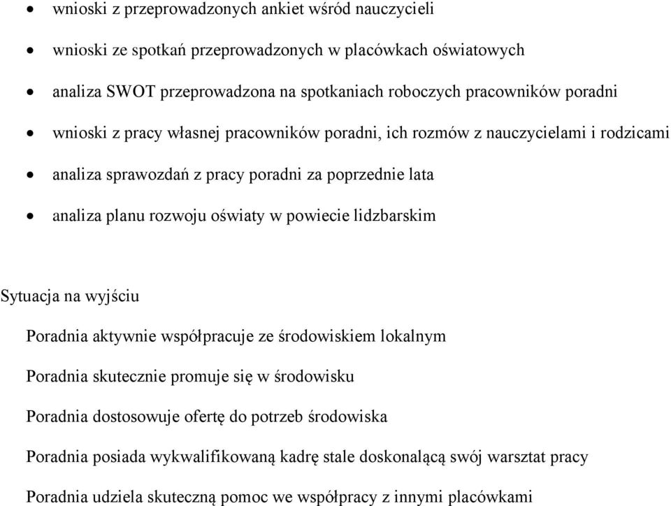 rozwoju oświaty w powiecie lidzbarskim Sytuacja na wyjściu Poradnia aktywnie współpracuje ze środowiskiem lokalnym Poradnia skutecznie promuje się w środowisku Poradnia