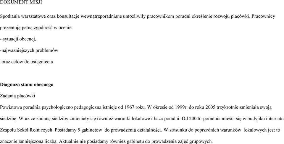 pedagogiczna istnieje od 1967 roku. W okresie od 1999r. do roku 2005 trzykrotnie zmieniała swoją siedzibę. Wraz ze zmianą siedziby zmieniały się również warunki lokalowe i baza poradni. Od 2004r.