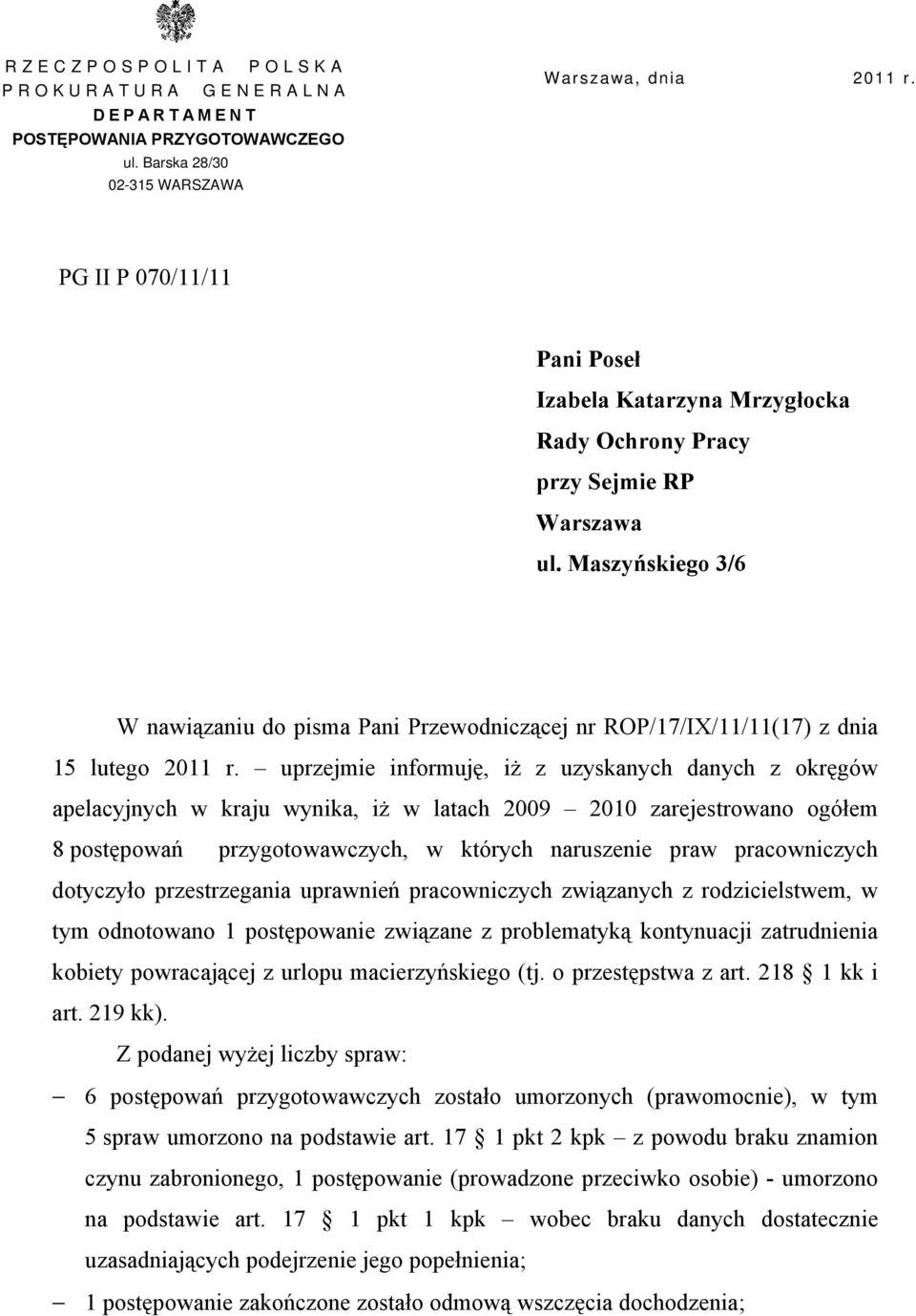 Maszyńskiego 3/6 W nawiązaniu do pisma Pani Przewodniczącej nr ROP/17/IX/11/11(17) z dnia 15 lutego 2011 r.
