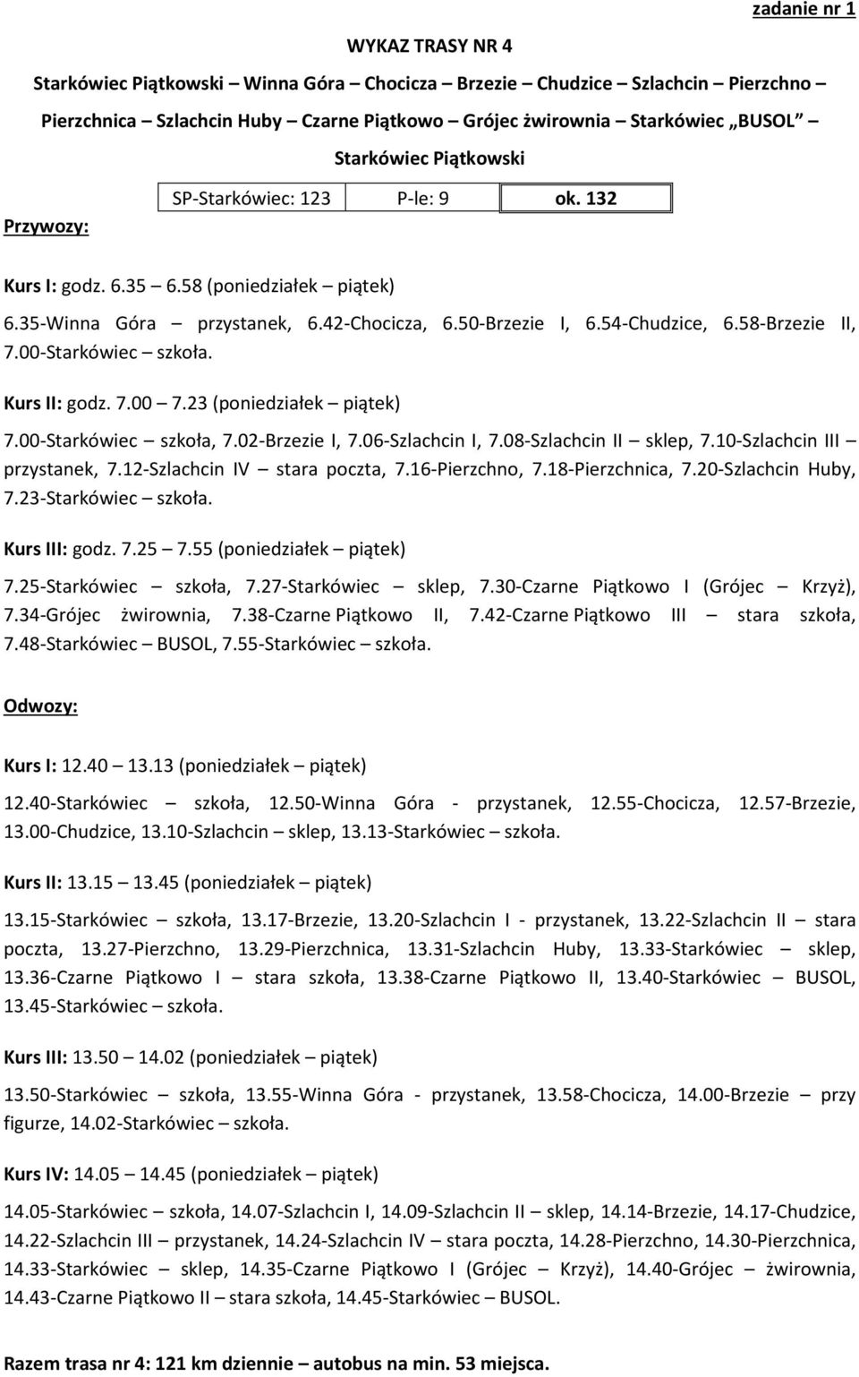 Kurs II: godz. 7.00 7.23 (poniedziałek piątek) 7.00-Starkówiec szkoła, 7.02-Brzezie I, 7.06-Szlachcin I, 7.08-Szlachcin II sklep, 7.10-Szlachcin III przystanek, 7.12-Szlachcin IV stara poczta, 7.