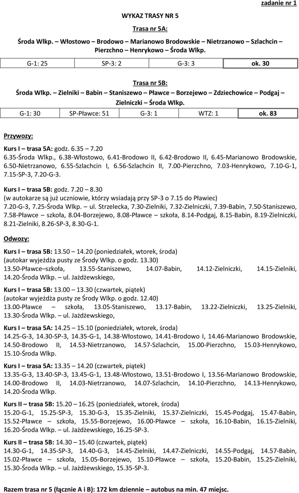 41-Brodowo II, 6.42-Brodowo II, 6.45-Marianowo Brodowskie, 6.50-Nietrzanowo, 6.55-Szlachcin I, 6.56-Szlachcin II, 7.00-Pierzchno, 7.03-Henrykowo, 7.10-G-1, 7.15-SP-3, 7.20-G-3. Kurs I trasa 5B: godz.