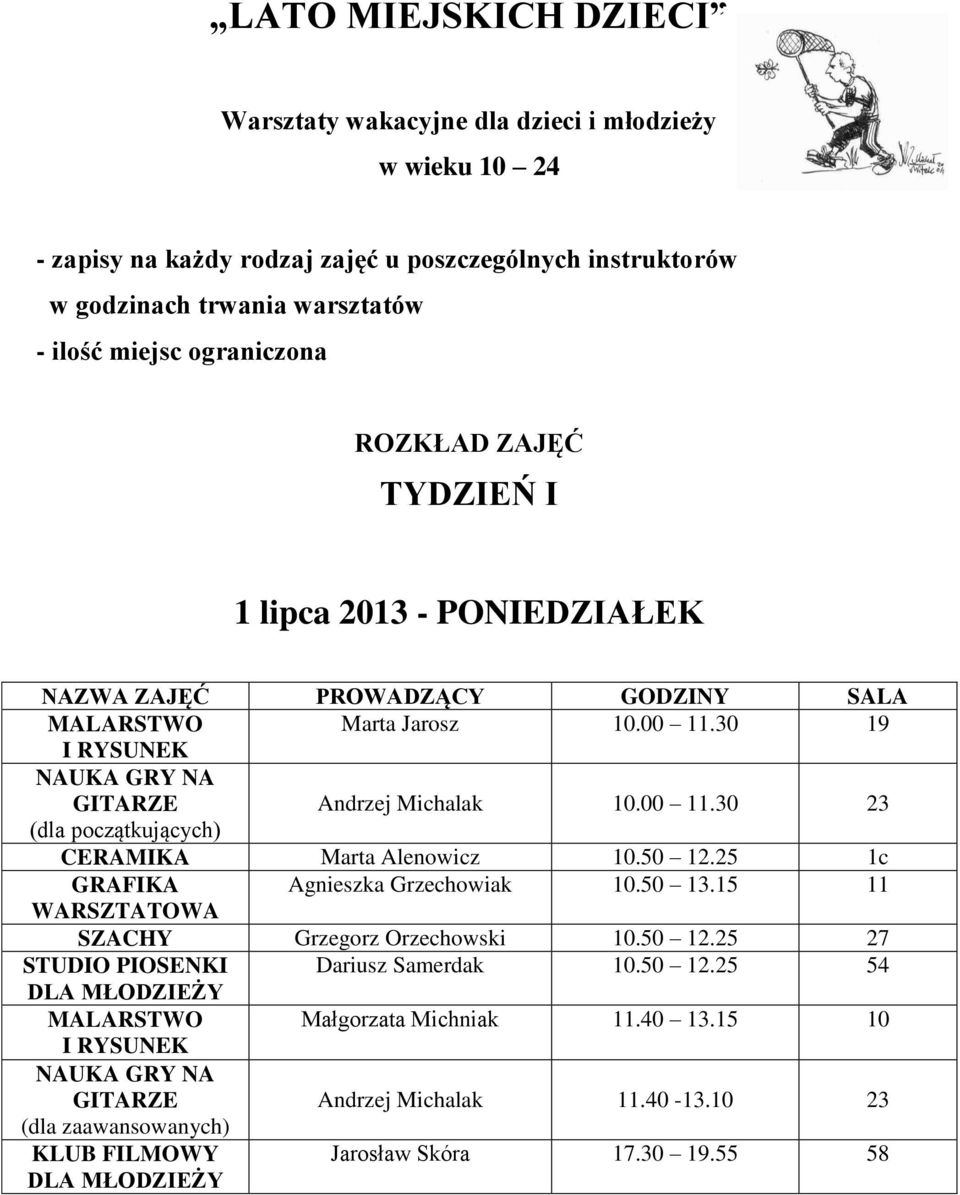 I 1 lipca 2013 - PONIEDZIAŁEK CERAMIKA Marta Alenowicz 10.50 12.25 1c SZACHY Grzegorz Orzechowski 10.50 12.25 27 Małgorzata Michniak 11.